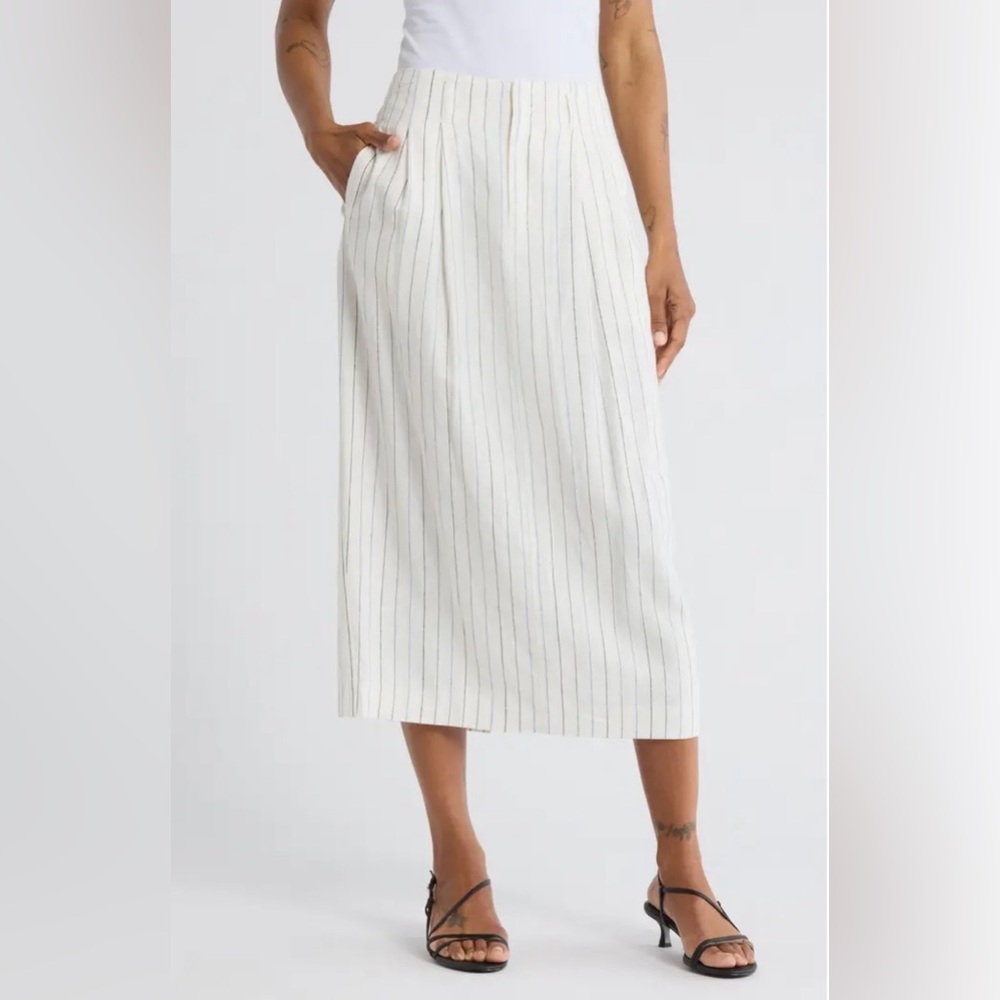The GREAT Striped White and Blue Stripped Linen Blend Pencil Skirt